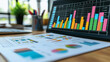 © CreativeIMGIdeas - Data Analysis: A close-up shot of a laptop screen displaying a colorful bar graph, alongside printed charts and graphs, emphasizing the vital role of data in contemporary business.