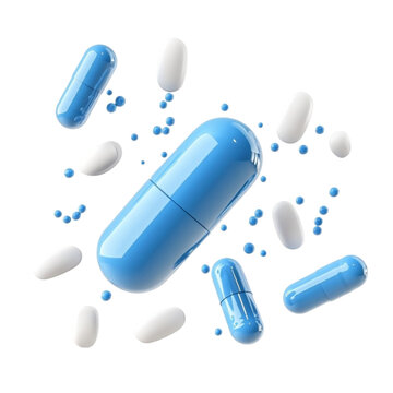Blue and White Pills Falling Dynamic Medical Illustration Hopeful Treatment