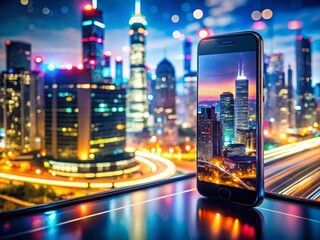 Poster - Double Exposure: Mobile Phone & Cityscape - Abstract Technology Stock Photo
