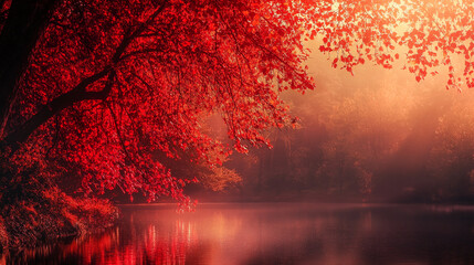 Poster - Autumnal red forest with glowing sunlight over a calm lake