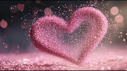 Poster - Pink glitter forming a heart shape is dissolving and sparkling on a pink glitter background with bokeh effect, perfect for valentine's day, weddings, or any romantic occasion