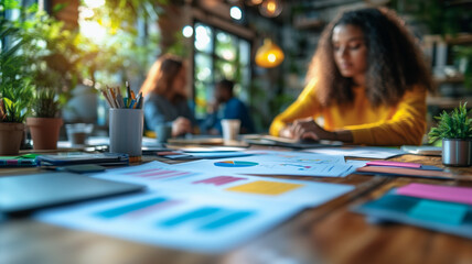 Poster - Focused Young Professional: A young woman intently reviews financial data and charts spread across a table in a bustling co-working space.  The image evokes concentration, ambition.