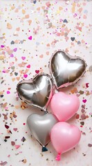 Poster - Pink and silver heart shaped balloons are floating on a background of colorful confetti, creating a festive and romantic scene for valentine's day or a spring celebration