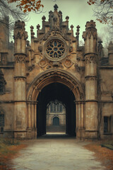 Poster - Entrance of a medieval church. Gothic architecture. Intricate details. Created with Generative AI technology