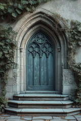 Poster - Entrance of a medieval church. Gothic architecture. Intricate details. Created with Generative AI technology