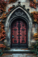Poster - Entrance of a medieval church. Gothic architecture. Intricate details. Created with Generative AI technology