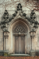 Poster - Entrance of a medieval church. Gothic architecture. Intricate details. Created with Generative AI technology