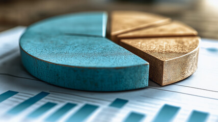 Poster - Blue and Brown Pie Chart: A close-up shot of a wooden pie chart in blue and brown, symbolizing a division of data, ideas or resources. The chart rests on a document.