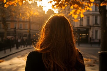 Wall Mural - Golden Hour  Redhead Woman Walking in Autumn City