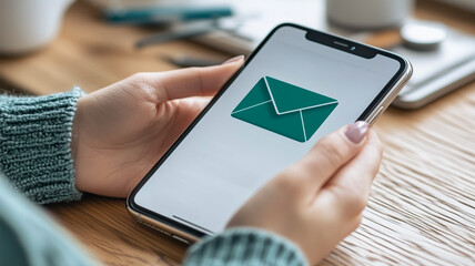 Poster - Checking Email on Smartphone: Close-up shot of a person's hands holding a smartphone displaying an email icon, suggesting communication, connection, and digital correspondence. 