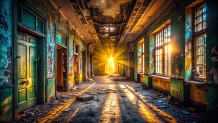  Eerie Abandoned Building Corridor: Decaying Interior, Mysterious Shadows, Urban Exploration Photography