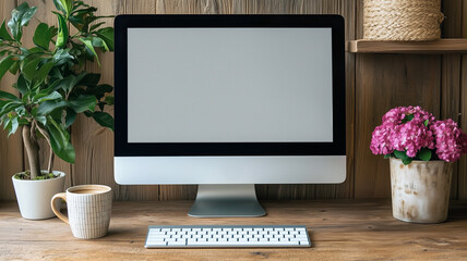 Poster - Modern Workspace Mockup: A sleek desktop computer with a blank screen sits on a rustic wooden desk, flanked by lush potted plants and a vibrant flower arrangement.