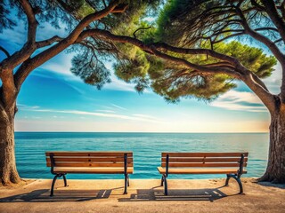 Minimalist Seaside Scene: Two Wooden Benches Under a Tree