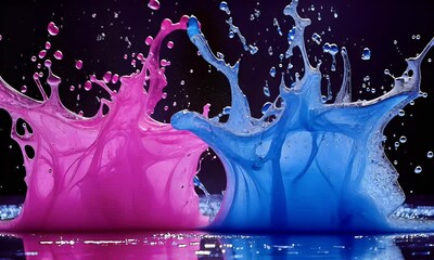 Wall Mural - A vibrant splash of pink and blue liquids creates a dynamic visual effect, emphasizing motion and color contrast.