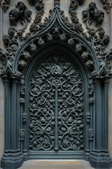 Poster - Entrance of a medieval church. Gothic architecture. Intricate details. Created with Generative AI technology