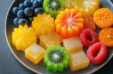 Wall Mural - Colorful Assortment of Jelly Candies and Fresh Fruits on a Plate Showcasing Sweet Treats for Desserts, Parties, and Celebrations in a Vibrant Culinary Display