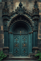 Poster - Entrance of a medieval church. Gothic architecture. Intricate details. Created with Generative AI technology