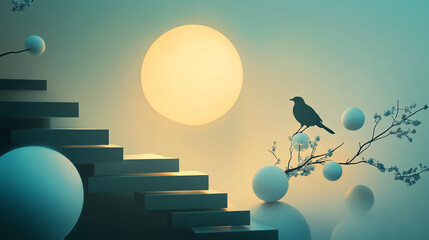 Poster - Minimalist surreal scene with a bird, staircase, and glowing sphere