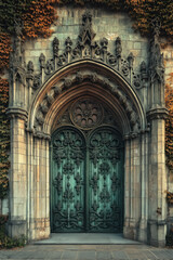 Poster - Entrance of a medieval church. Gothic architecture. Intricate details. Created with Generative AI technology