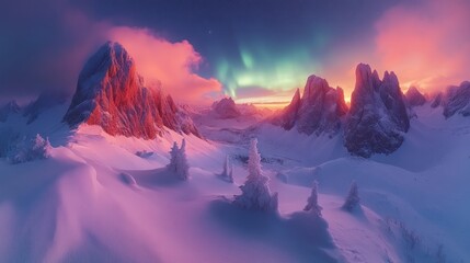 Wall Mural - Vibrant aurora borealis over snow-capped mountains at sunset.