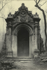 Poster - old church door. Medieval ruin. Elevated horror. Created with Generative AI technology