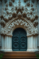 Poster - Entrance of a medieval church. Gothic architecture. Intricate details. Created with Generative AI technology