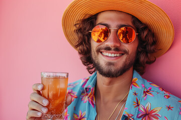 Joyful man with floral shirt and hat holding a bright beverage in a colorful tropical setting