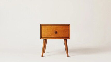 Wall Mural - Mid-century modern wooden nightstand with single drawer and tapered legs against a white background.