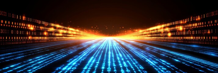 Poster - Abstract Binary Code Glowing Digital Stream of Data With Light Trails On Black Background