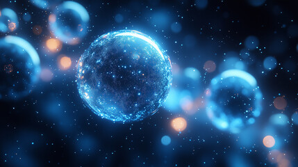 Wall Mural - cosmic spheres in glowing blue and orange light, surrounded by misty space and stardust.