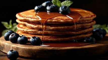 A stack of golden brown pancakes topped with fresh blueberries and maple syrup, served on a rustic wooden board