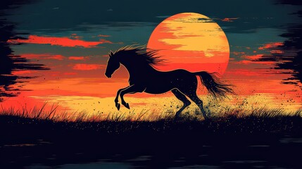 Wall Mural - Silhouette of a horse running at sunset. (1)