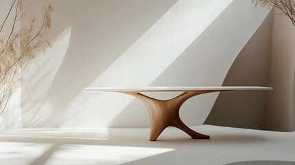 Wall Mural - Minimalist modern wooden table with white top in bright room.