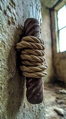 Poster - Rugged Iron Nail Intertwined With Coarse Rope on a Textured Surface in an Abandoned Setting