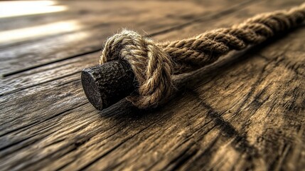 Aufkleber - Rugged Iron Nail Bound With Coarse Rope Resting on a Warm Wooden Surface