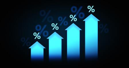 Poster - Rising blue arrows with percentage symbols indicating an increase in interest rates on a dark background. Concept of financial growth. 3D Rendering