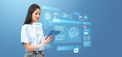 Poster - Woman using tablet with holographic AI interface on blue backgro