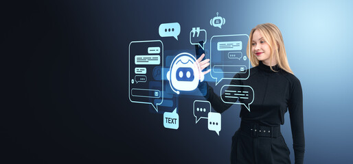 Poster - Woman interacting with AI chatbot interface on blue gradient bac