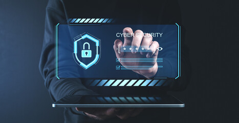 Poster - Cybersecurity concept with virtual padlock and password interface.