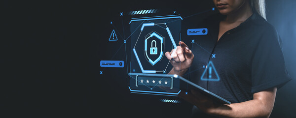 Poster - Woman interacting with digital security interface on a tablet.