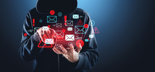 Poster - cybersecurity concept with emails and alerts on a dark backgroun