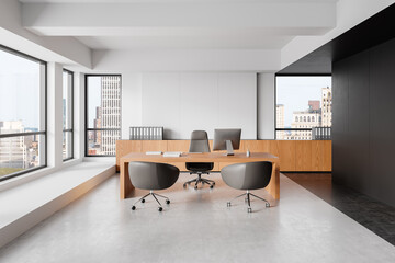 Wall Mural - Modern executive office with wooden desk and cityscape view through large windows. 3D Rendering