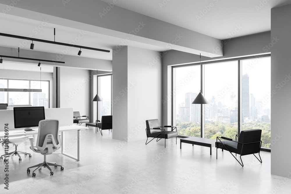 Modern open-space office interior with white walls, workstations, and ...