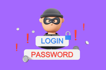 Poster - Cartoon figure in mask with login and password text, lock and warning symbols on purple background. Concept of online security and cyber threat. 3D Rendering