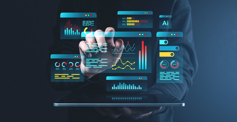 Poster - Digital interface with analytics and AI elements on dark background.