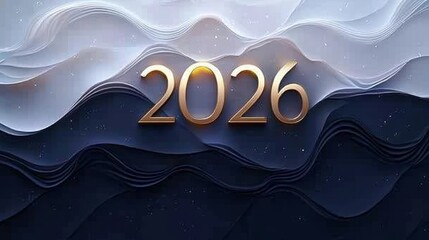 Poster - Abstract Background With Gold 2026 On Dark Blue And White Wavy Paper Layers, 3D Render