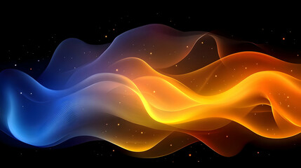Poster - Abstract Blue and Orange Glowing Waves Background. Digital Energy Flow Design. Dynamic Fluid Motion Texture with Particles and Sparkle