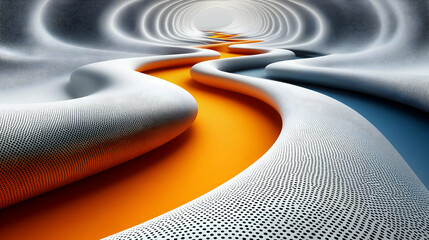 Poster - Abstract 3D Rendering of a Flowing Tunnel with Orange, White, and Gray Curves