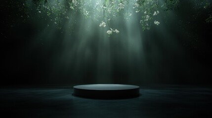 Wall Mural - A dark room with a large circular stage with a spotlight shining on it