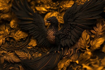 Poster - A phoenix rising from golden flames, with intricate feather detail
